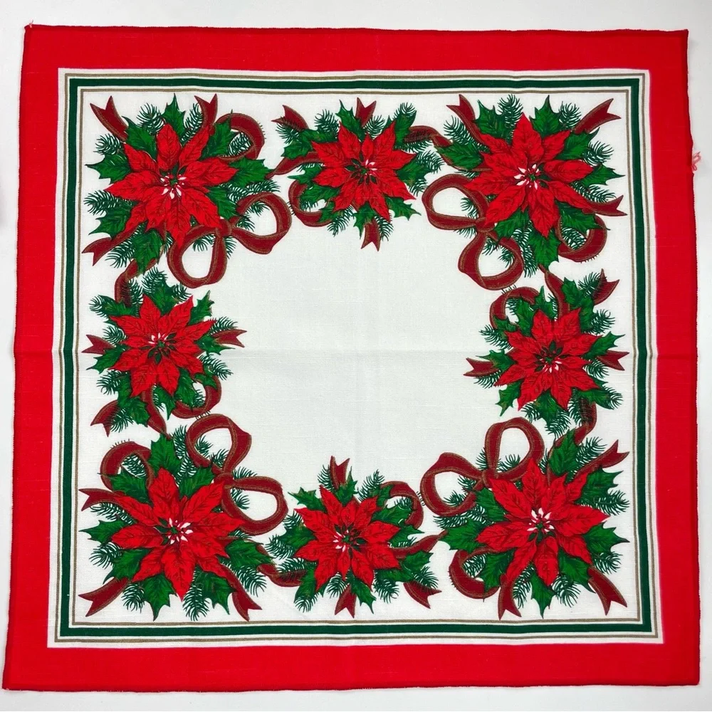 Vintage Christmas Napkins Cloth Poinsettia Flowers Red White Green Holiday Set 8